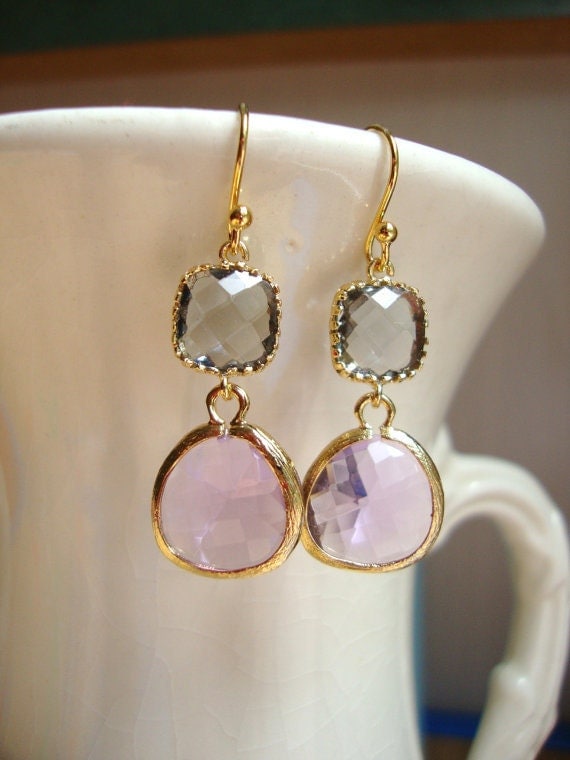 Gorgeous Lavender and Gray Glass Dangle Earrings. Bridal Earrings. Bridesmaid Earrings. Wedding Earrings