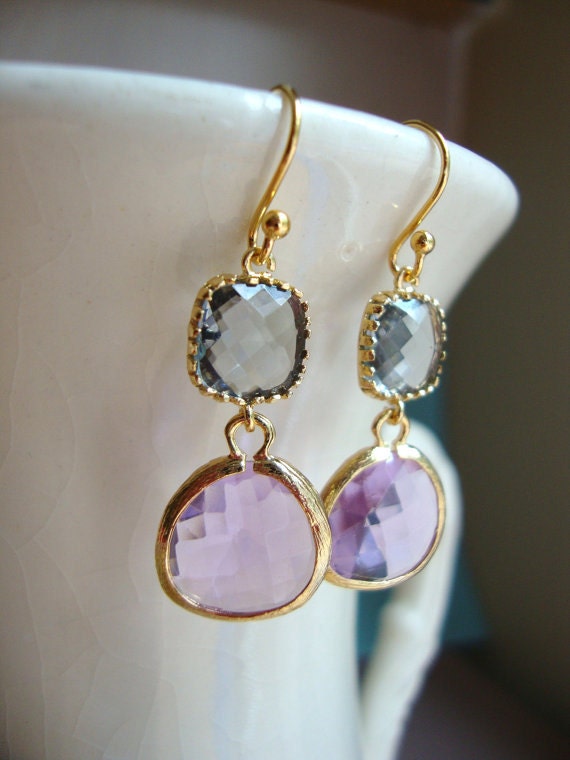 Gorgeous Lavender and Gray Glass Dangle Earrings. Bridal Earrings. Bridesmaid Earrings. Wedding Earrings