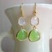 Gorgeous Peridot Green and Soft Pink Glass Dangle Earrings. Color Block Earrings. Bridesmaid Earrings. Wedding Earrings