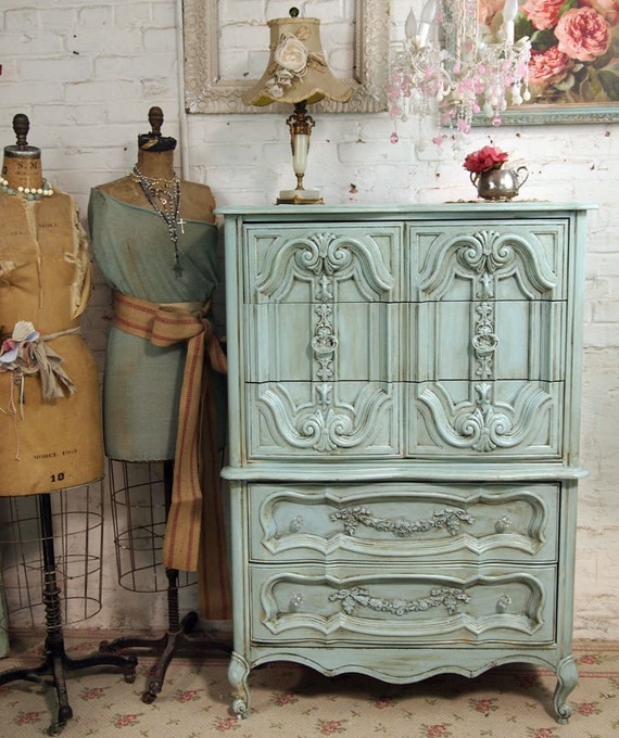 Vintage Painted Cottage Chic Shabby Aqua French Chest CH150