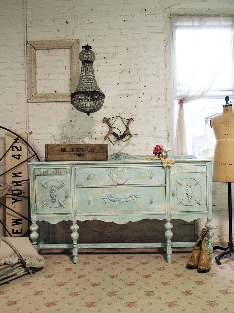 RESERVEBevPainted Cottage Chic Shabby Aqua French Server / Buffet SV265