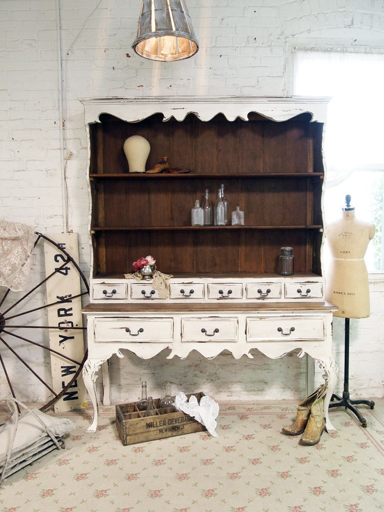 Painted Cottage Chic Shabby French Farmhouse China Cabinet / Hutch