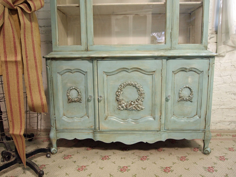Vintage Painted Cottage Aqua Chic French China Cabinet CC138