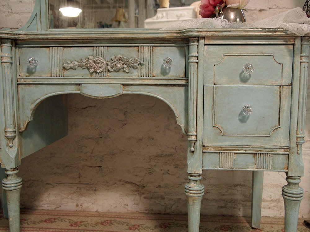 Vintage Painted Cottage Shabby Aqua Chic Vanity VAN124