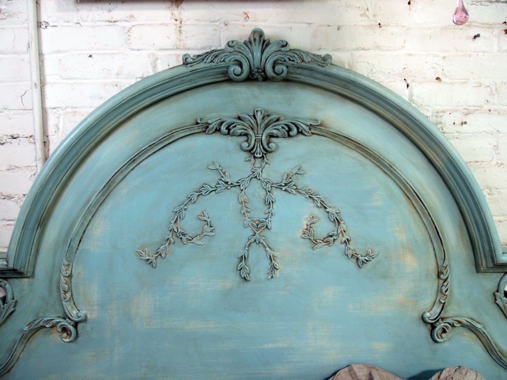 Painted Cottage Chic Shabby Aqua Queen Romance Bed BD205