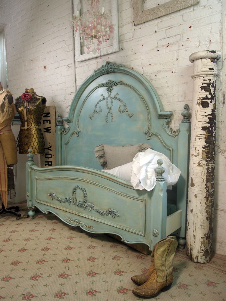 Painted Cottage Chic Shabby Aqua Queen Romance Bed BD205