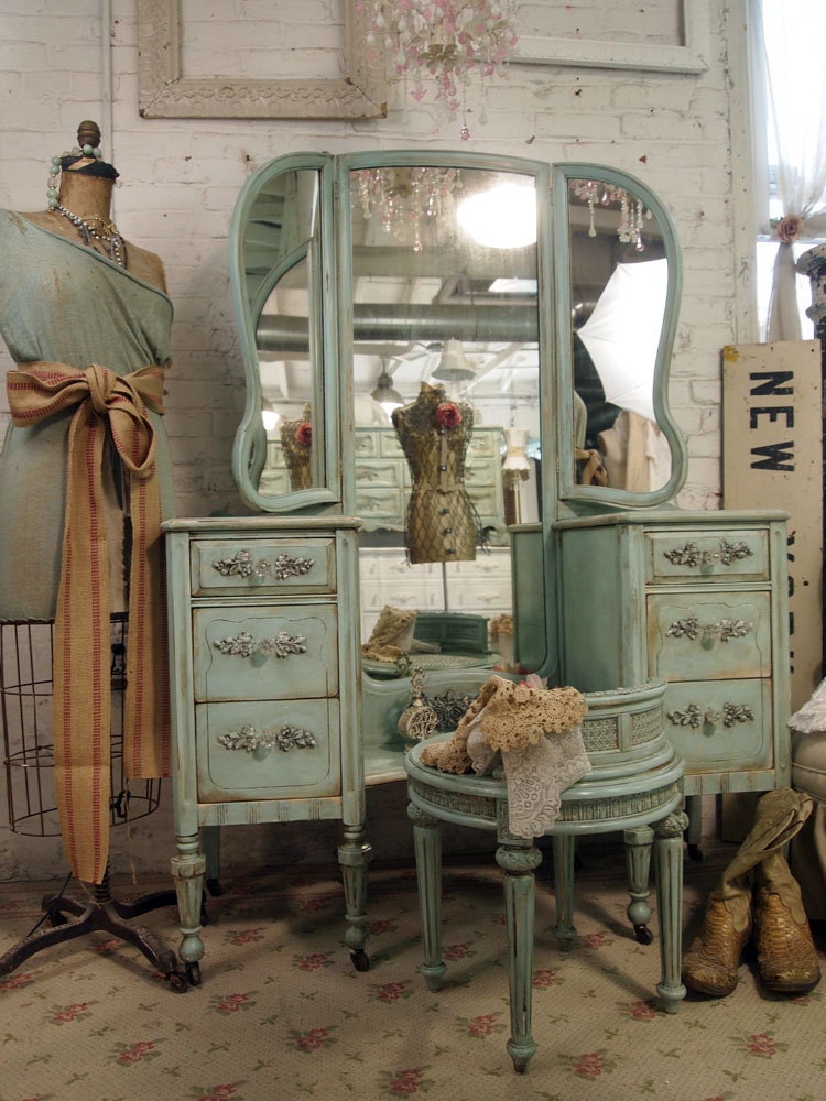 Vintage Painted Cottage Shabby Aqua Chic Vanity VAN214
