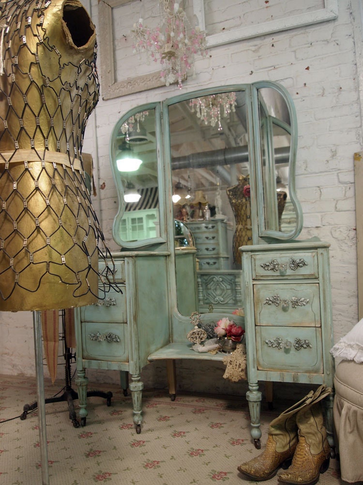 Vintage Painted Cottage Shabby Aqua Chic Vanity VAN214