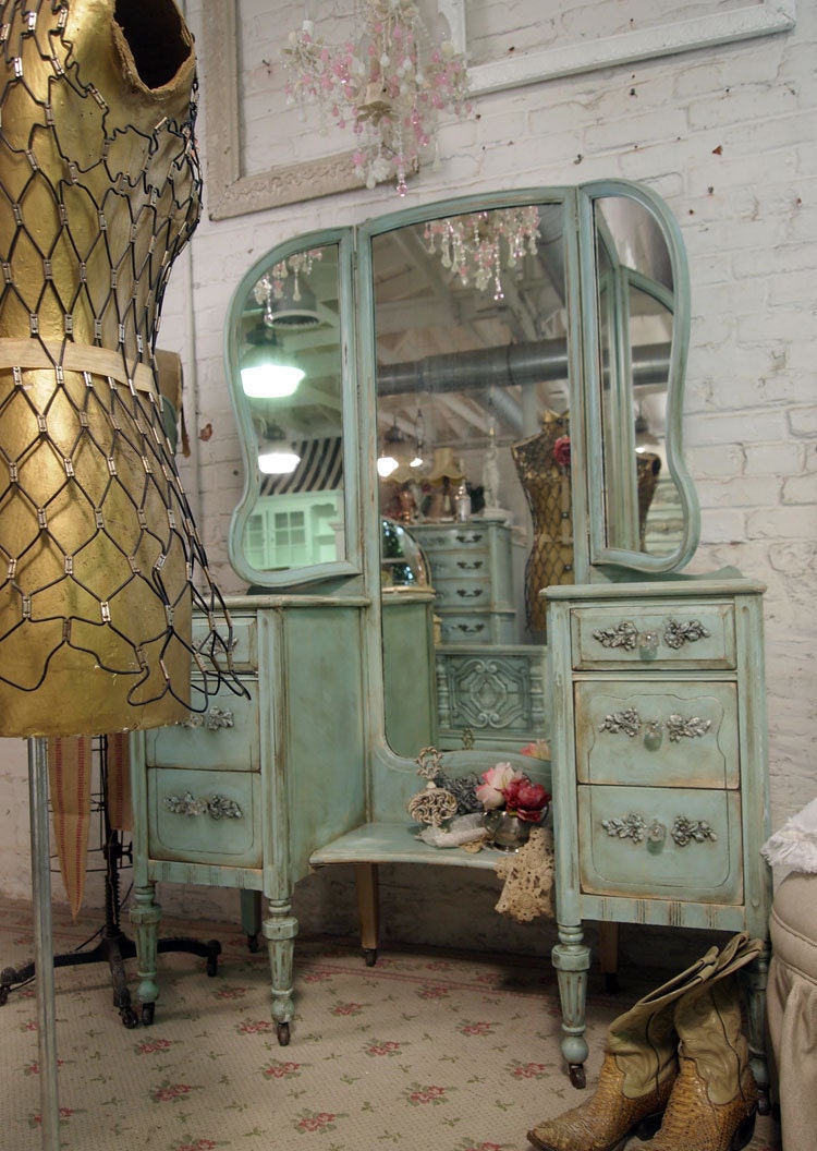 Vintage Painted Cottage Shabby Aqua Chic Vanity VAN214