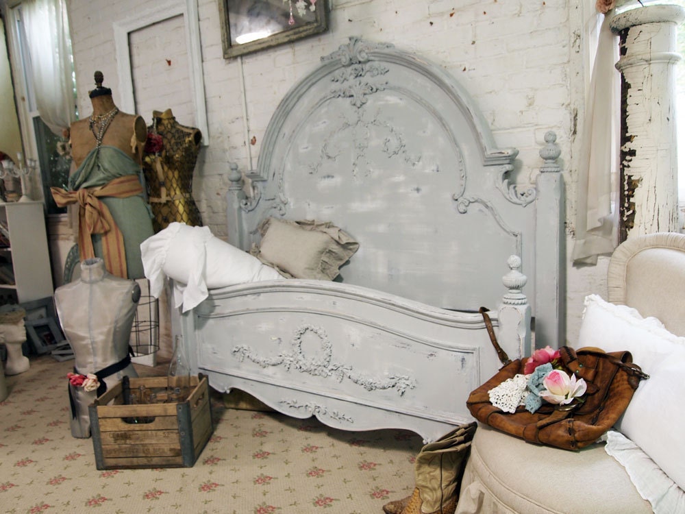 Painted Cottage Chic Shabby Dove Grey Queen Romance Bed