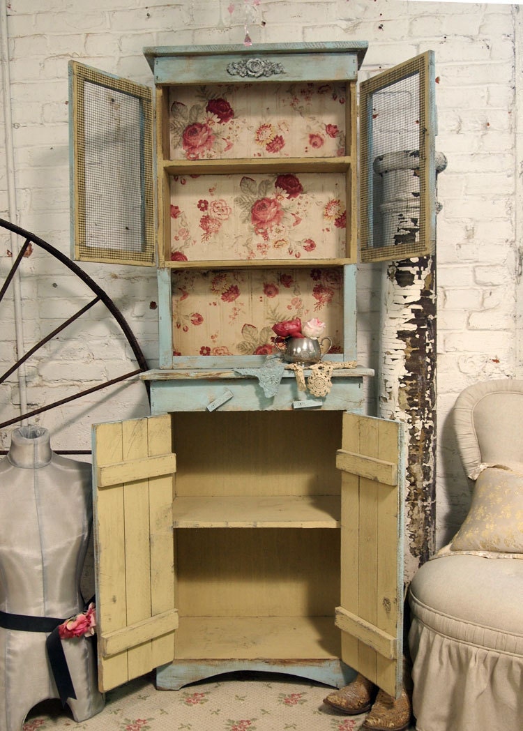 RESERVEVictoriaPainted Cottage Chic Shabby Aqua Farmhouse Cupboard CC263