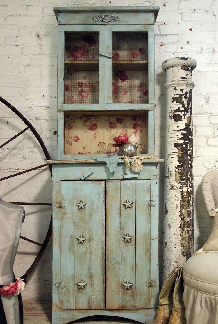RESERVEVictoriaPainted Cottage Chic Shabby Aqua Farmhouse Cupboard CC263