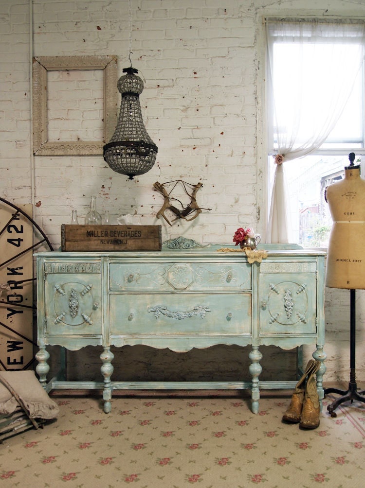 RESERVEBevPainted Cottage Chic Shabby Aqua French Server / Buffet SV265