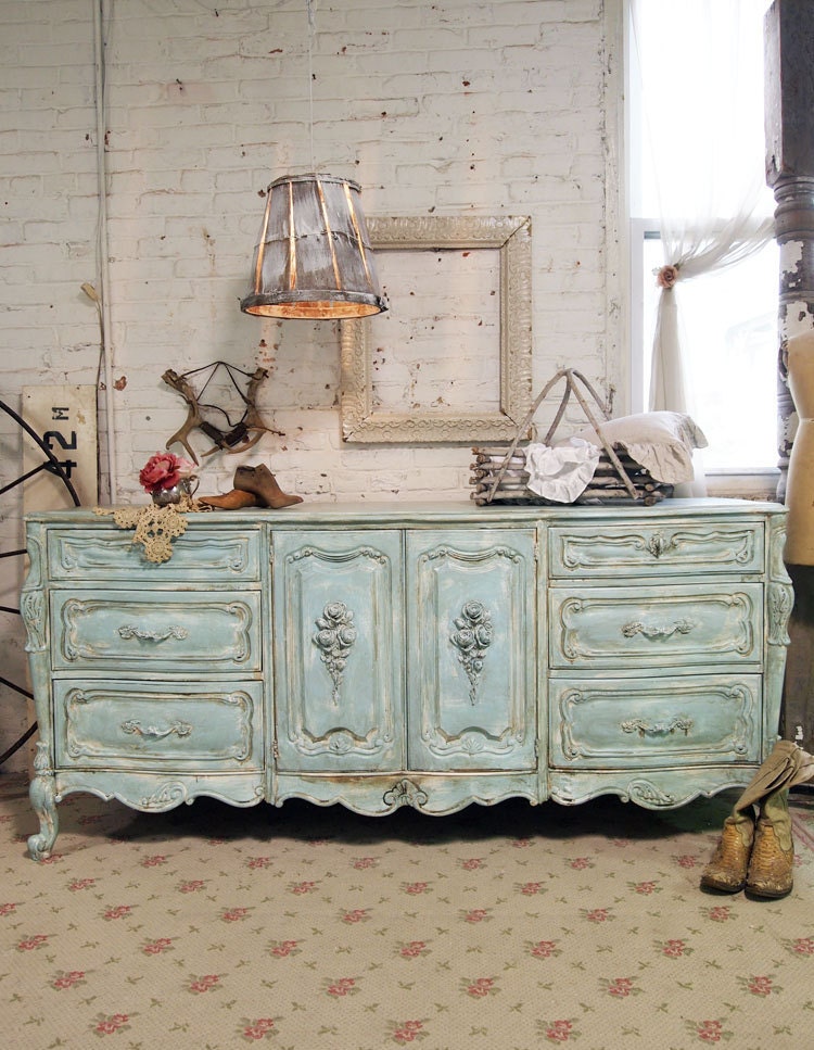 Painted Cottage Chic Shabby Aqua French Dresser DR351