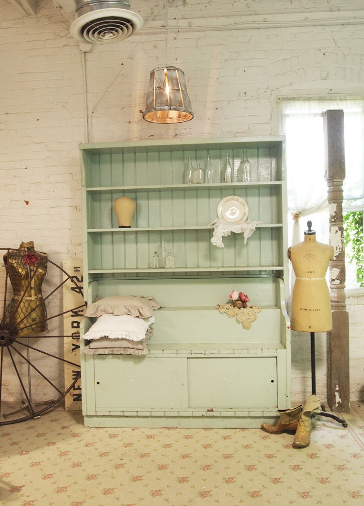 RESERVE ANNE Painted Cottage Chic Shabby Mint Green Farmhouse Hutch CC340