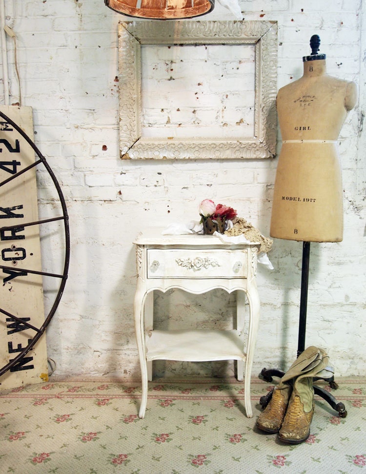 RESERVE for JULIE Painted Cottage Chic Shabby White Pair of Romantic Night Tables NT419
