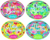 Girls Personalized Monthly Onesie Stickers - Includes Newborn, Large 12 Month, and Bonus Sticker - Baby Month Stickers - Bright Floral