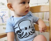 Funny baby onesie. C is for cephalopod screen printed one piece. Sizes newborn through 18 months. Nerdy baby alphabet.