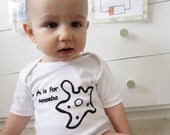 Funny baby onesie. A is for ameoba screen printed alphabet one piece. Sizes newborn through 18 months.