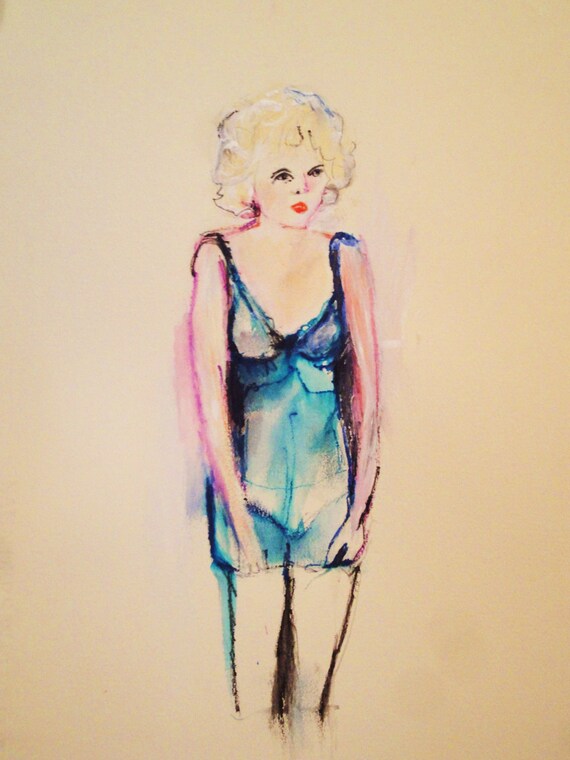 Blue Valentine Painting: Original Painting on Paper, Michelle Williams Portrait from Sexy GQ fashion shoot