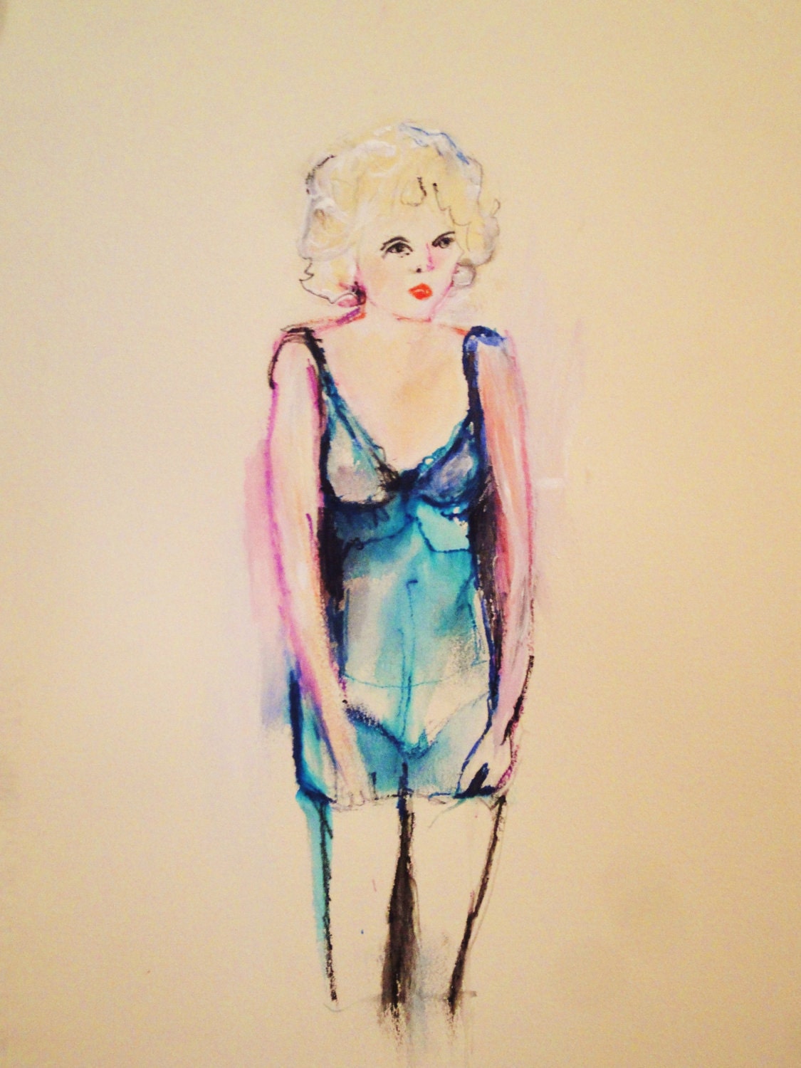 Blue Valentine Painting: Original Painting on Paper, Michelle Williams Portrait from Sexy GQ fashion shoot