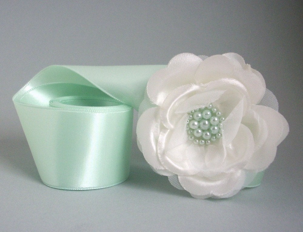 Light Green Satin Bridal Sash with White Rose Flower Accent - Mint Green Mist