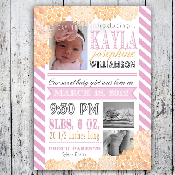 Buy evite announcements - Baby Girl Birth Announcement - Stripes and Bloom - Pink &amp; Orange Birth Announcement - Printable file - Fast turnaround