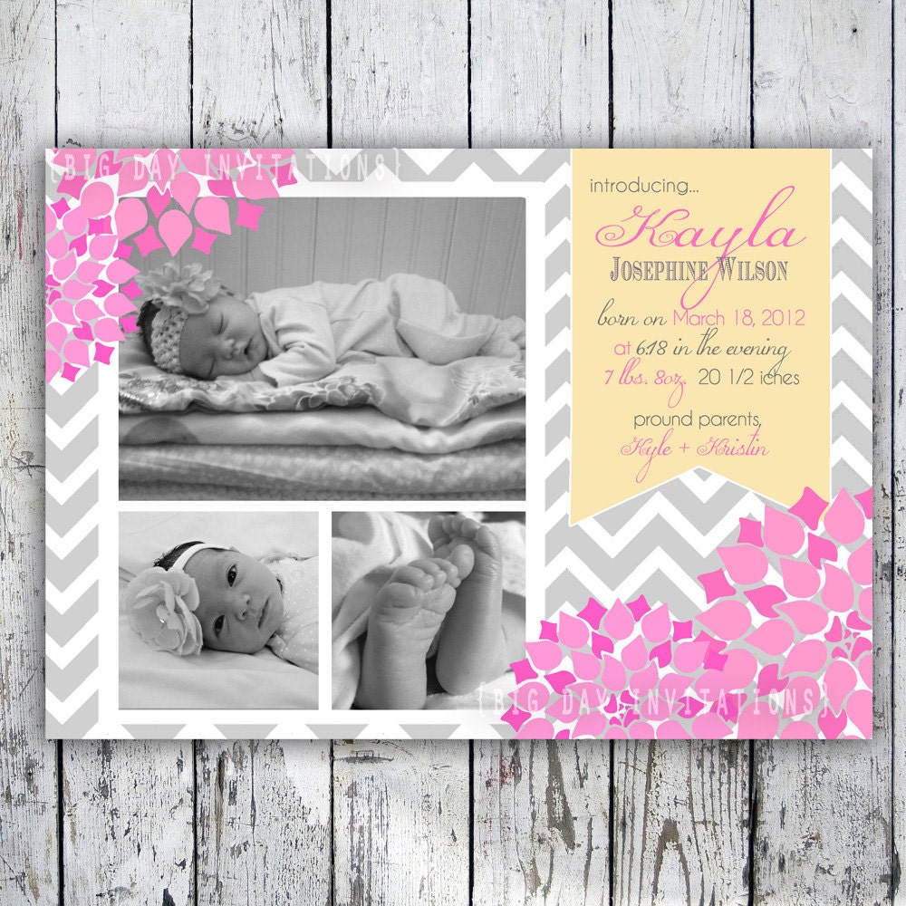 Buy evite announcements - Baby Girl Birth Announcement -Chevron and Floral - Photo Birth Announcement - Printable file - Fast turnaround