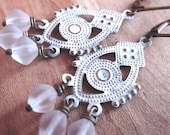 REDUCED , Brass Azteca Earrings, with Sheer White Glass Bicones
