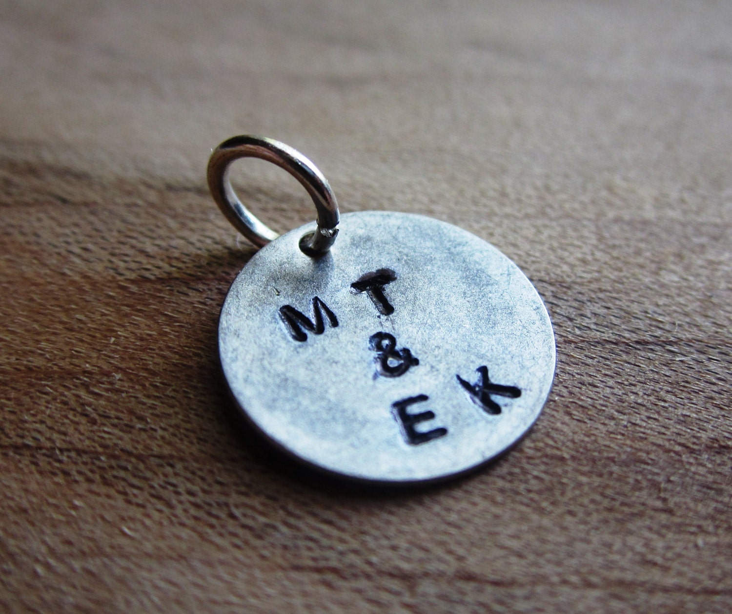 Personalized Silver Couples Charm , Stamped Custom Lovebirds Initials Disc 12mm