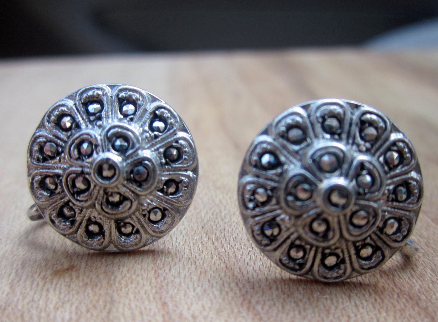 Vintage Marcasite Fleur Earrings, Sterling Screw Backs