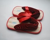 My Velvet Valentine .retro revival flip flops .Crimson Red Summer of Love Wavy Velveteen Upper .Bamboo and foam sole -womens 7 and 8-