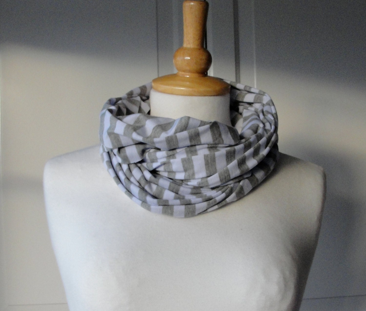 SALE - Snood Scarf in CASUAL marl grey and white BOLD stripe fabric.