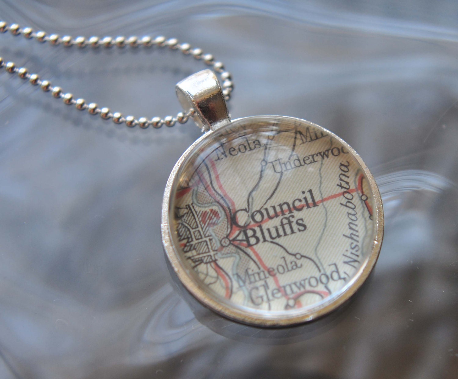 Map Pendant Necklace from Vintage Atlas COUNCIL BLUFFS Iowa