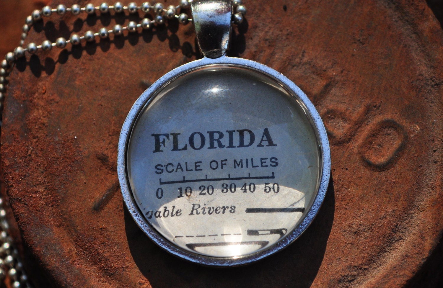 Map Pendant Necklace from Vintage Atlas FLORIDA  Scale of Miles