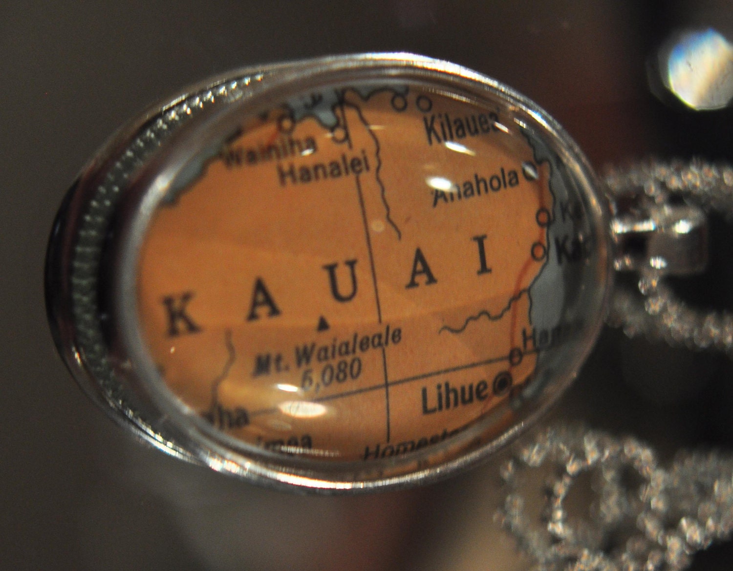 Map Pendant Necklace from Vintage Atlas KAUAI Hawaii