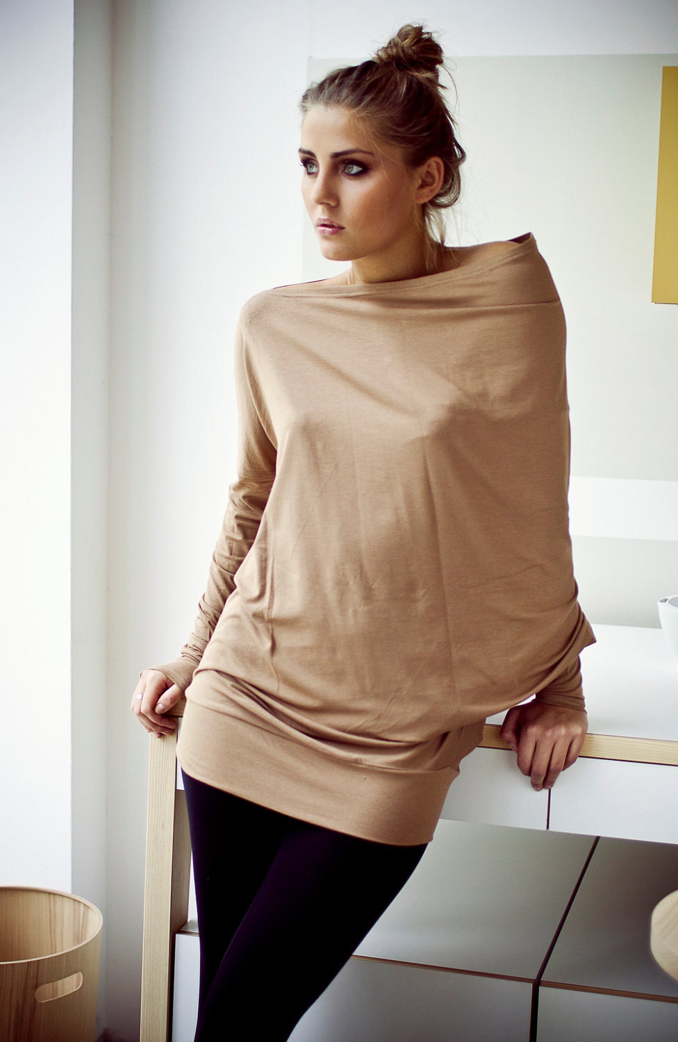 Capuccino asymmetric long-sleeved  Muse blouse with buttons on the back