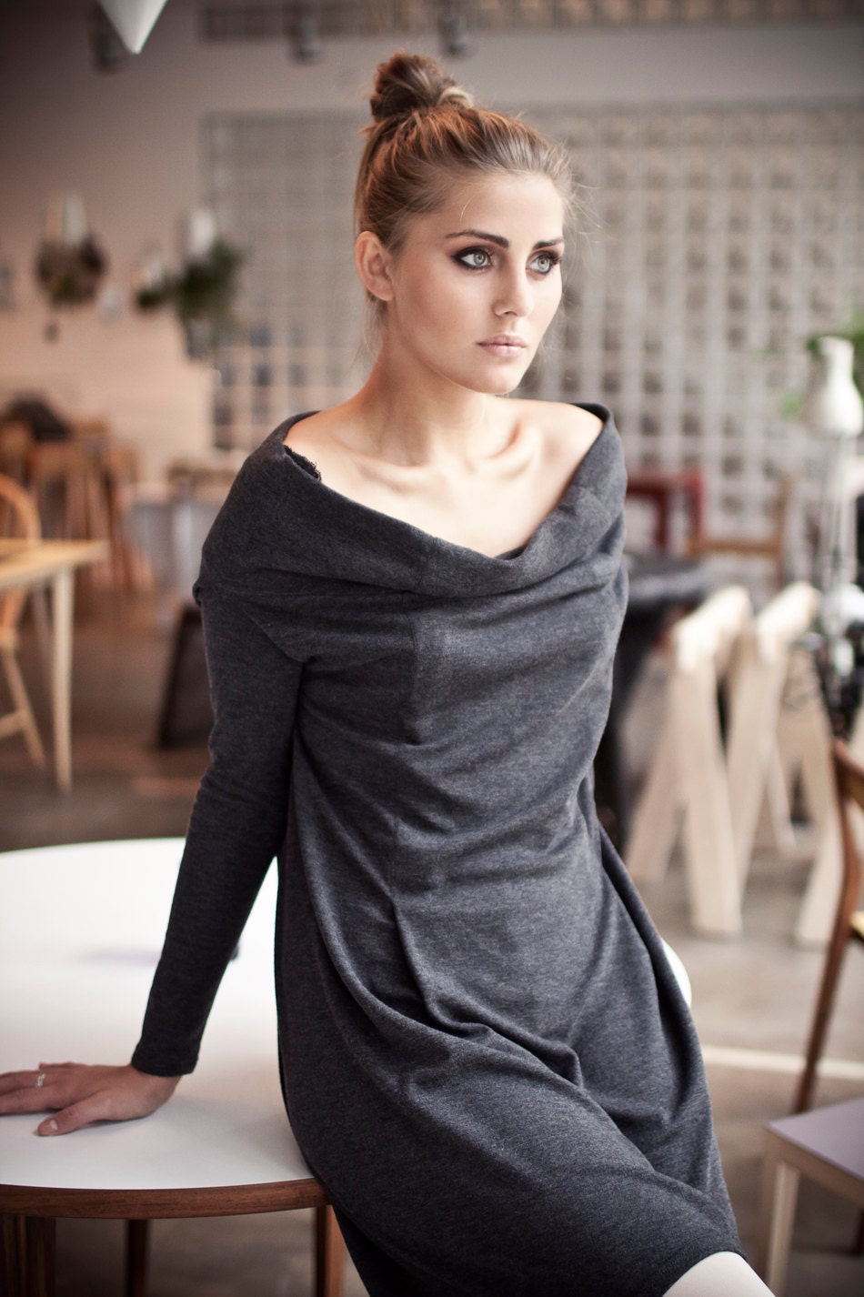 Deep grey open shoulders LeMuse cotton dress