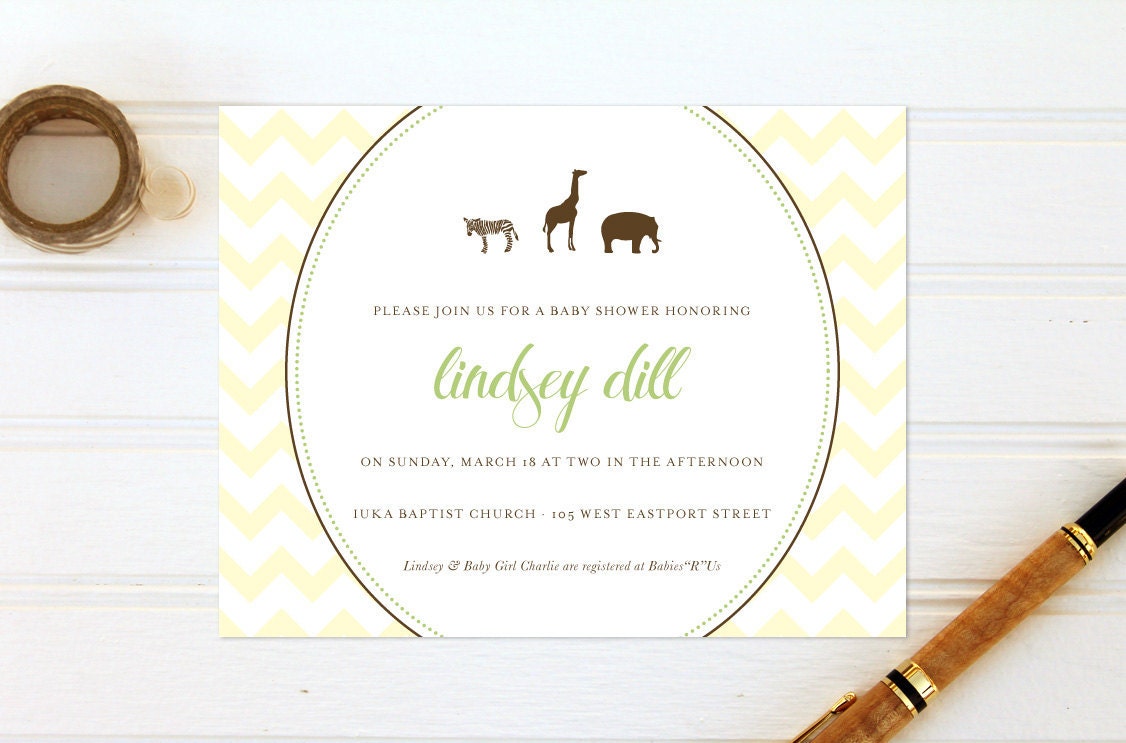 Zoo Animal Gender Neutral Baby Shower Invitations - Safari Invites - Giraffe, Zebra and Elephant -  Green and Yellow Chevron Stripes