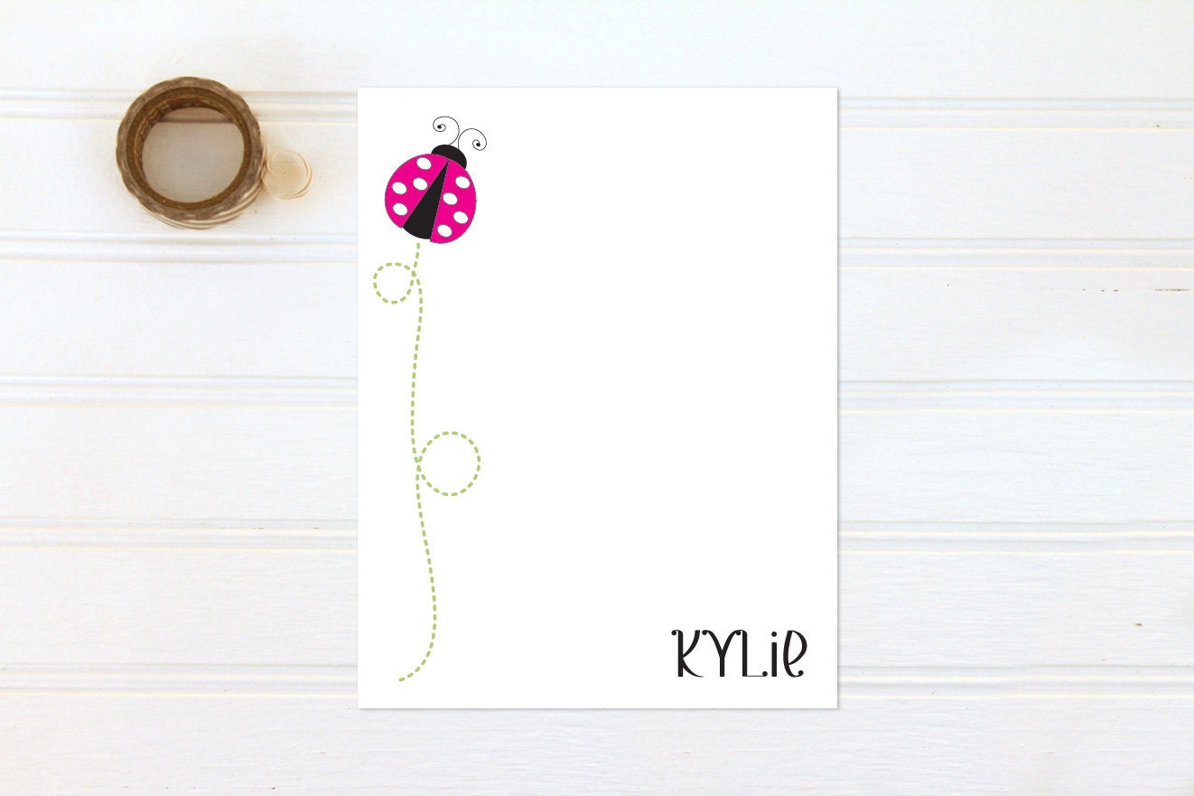 Little Ladybug Custom Stationery - Set of 12 Personalized Flat Notecards - Pink and Black - Eco Friendly Recycled Paper