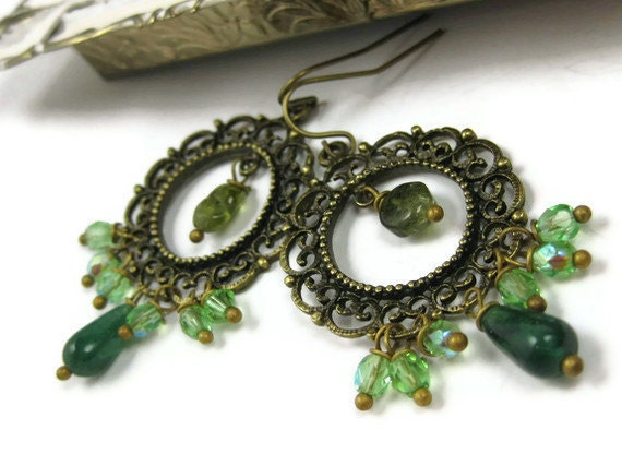 Green Gemstone Chandelier Earrings Bohemian Bollywood Style Brass Belly Dance Jewelry