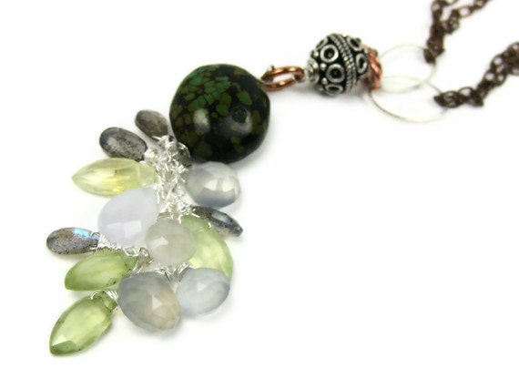 Boho Gypsy Gemstone Necklace Turquoise Labradorite Prehnite Dangle Cluster Jewelry
