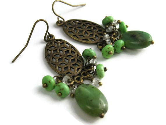 Chandelier Earrings Chrysoprase Green Turquoise Moonstone Brass Fall Fashion Boho Bollywood Style