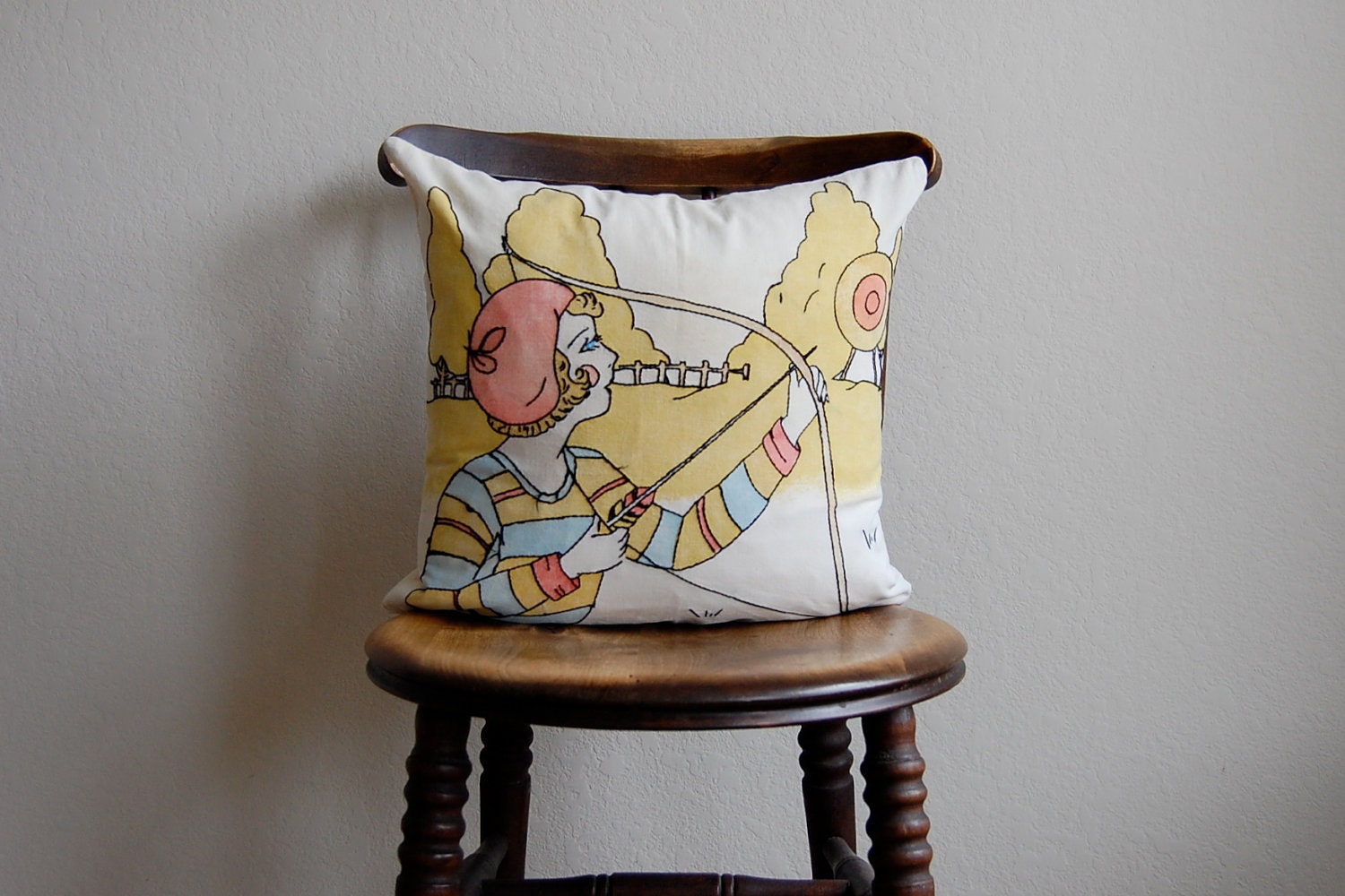 Antique Embroidered Pillow Woman with Bow and Arrow