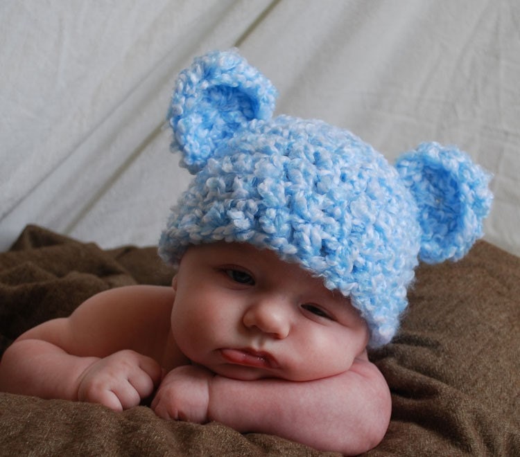 cute blue baby bear hat with ears - any size