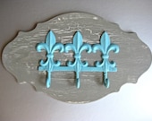 Fleur De Lis Hooks, Weathered Wood, Wall Hooks, French Provencal, Ocean Blue, Gray, Towel Hooks, Shabby and Chic, Paris Apartment - Swede13
