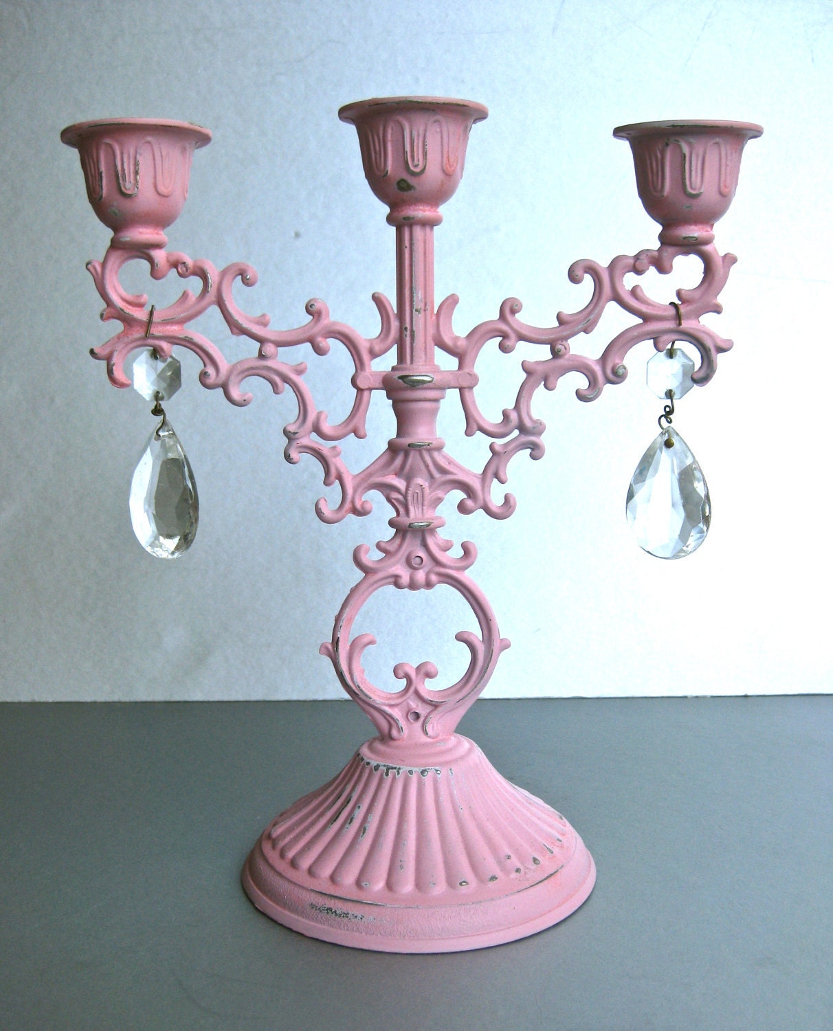 Vintage Pink Candelabra, Candle Holder, Crystals, Shabby and Chic, Cottage Chic, Paris Apartment