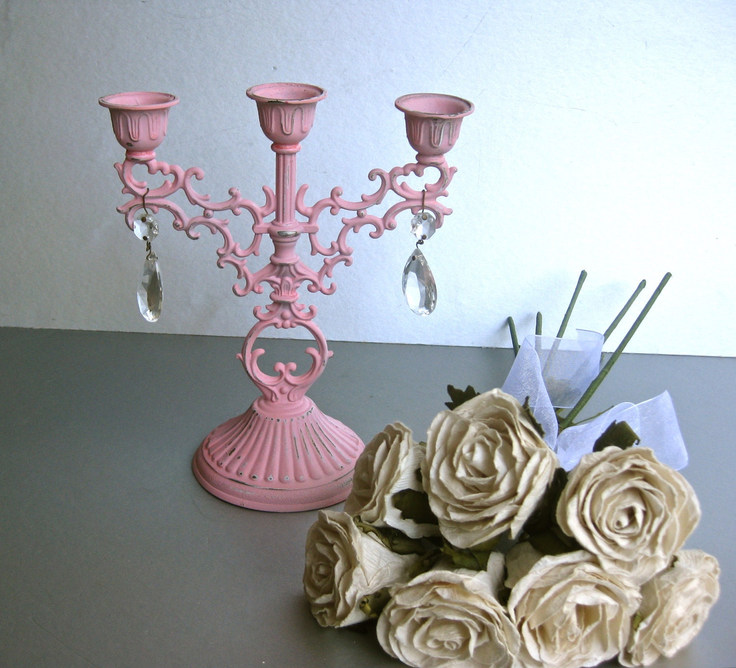 Vintage Pink Candelabra, Candle Holder, Crystals, Shabby and Chic, Cottage Chic, Paris Apartment