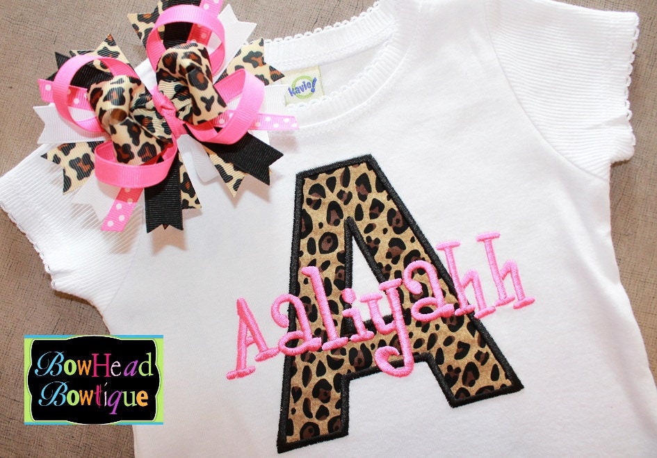 Personalized Leopard Initial with Hot Pink Name - Girls Applique Shirt or Onesie and Hair Bow Set