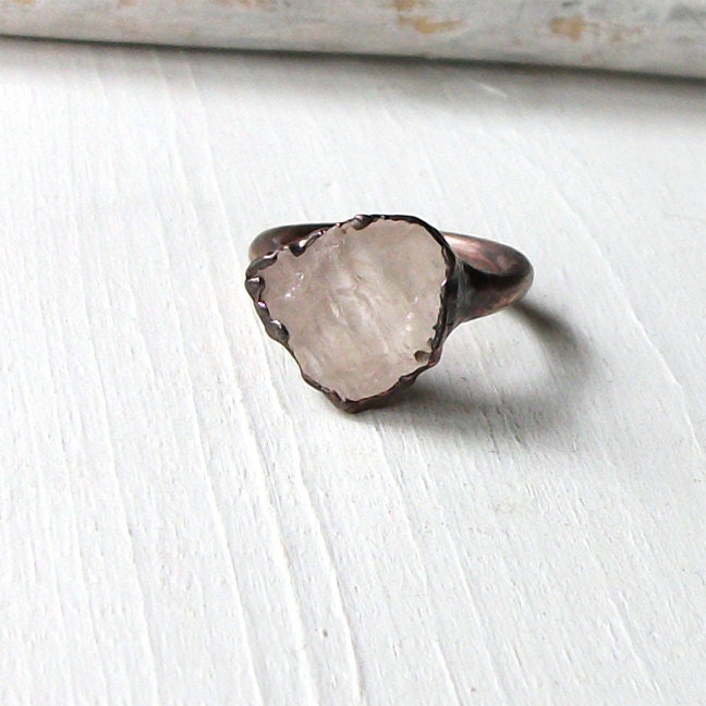 Morganite Copper Ring Pale Pink Peach Gem Stone Beryl Artisan Raw Gem Organic Oxidized For her